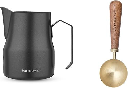 Easyworkz Jarra de café expreso de acero inoxidable de 12 onzas, con cuchara de café Easyworkz Retro de acero inoxidable con mango de nogal negro,