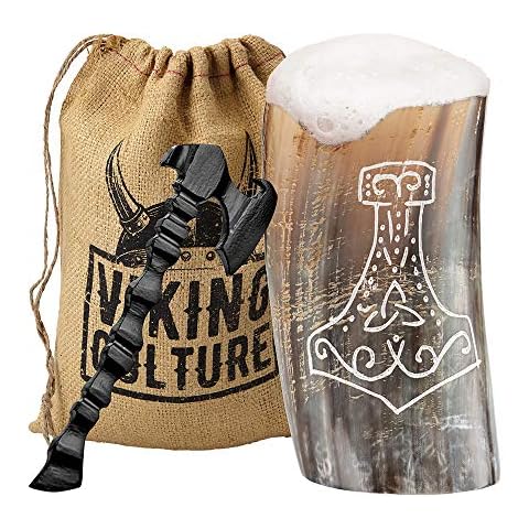 Viking Culture Horn Mead Cup - Nordic Inspired Drinking Vessel | Handmade Goblet for Wine Beer Ale - Safe and Unique Drink Tumbler Gift with Axe Bottle Opener and Burlap Bag Cover