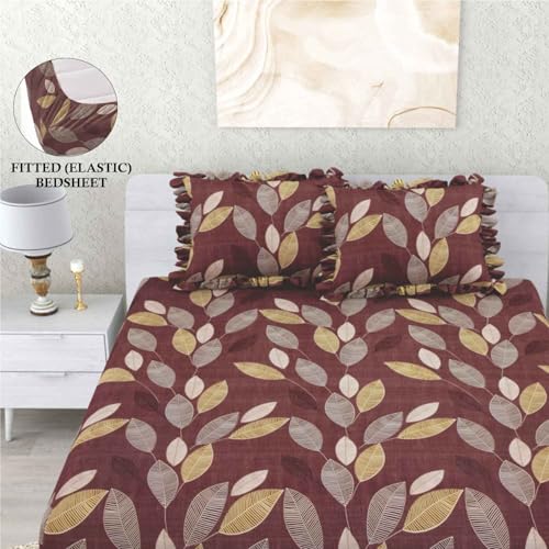 Image of Dream Weaverz- Polycotton Printed Double Bed Size Fitted Elastic Bedsheet,2 Pillow Cover,260 Thread (72 inch x 78 inchx7 inch) Home, Bedroom (Dark Brown, King)