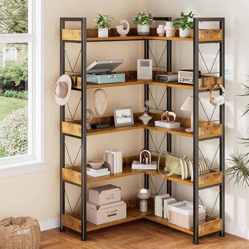 Image of DUMOS 65 inch L Shaped Bookshelf, 5 Tier Corner Bookcase with Hooks and Edge, Industrial Pantry Shelves with Metal Frame, Wooden Open Storage for Living Room, Home Office, Bedroom, Rustic Brown