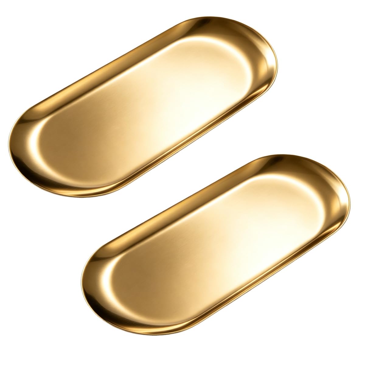 2 Pcs Gold Decorative Trays Trinket Dish Small Stainless Steel Oval Ornaments Plate, Vanity Trinket Serving Tray for Jewellery, Cosmetics, Key, Candle, Perfume (Gold, 23×9.5cm)