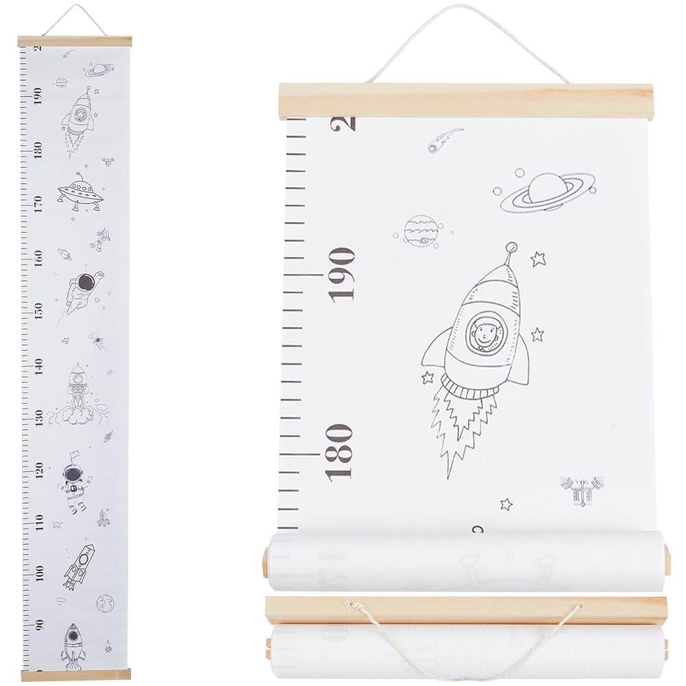 CREATCABIN Space Growth Chart Canvas Height Measurement Chart Ruler Wood Frame Hanging Removable Cartoon Astronauts Wall Rulers Rectangle for Home Living Room Decoration Nursery Decor Gift White
