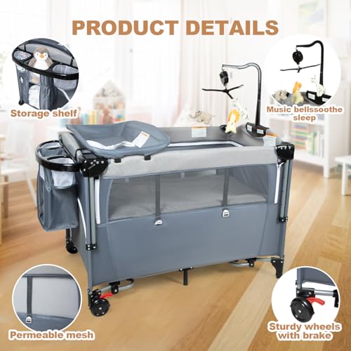 Image of 5-in-1 Baby Bassinet Bedside Sleeper, Portable Playard with Changing Station, Foldable Infant Travel Crib with Wheels, Adjustable Height Newborn Baby Playpen for Home & Travel