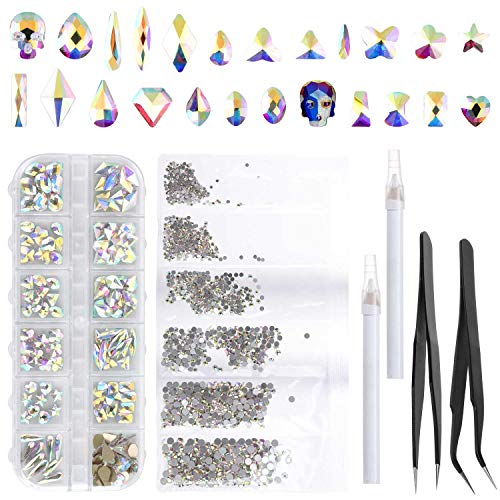 1852pcs Nail Rhinestones Kit- 1728pcs AB Rhinestones and 120pcs Multi Shaped Crystal Gems for DIY Nail Art, 2pcs Nail Pen and 2pcs Tweezers