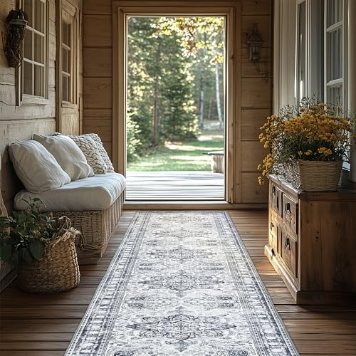 Image of 2x10 Runner Rug Non Slip Washable Bedside Laundry Room Floor Rug Low Pile Water Repellent Soft Distressed Carpet for Kitchen Living Room Bathroom Entryway(Grey,2x10ft)