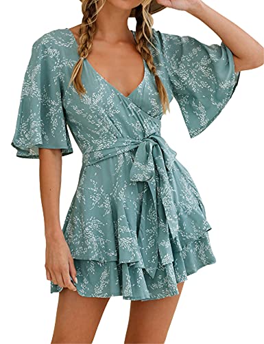 Relipop Women’s Summer Romper Floral V Neck Short Sleeve Waist Tie Ruffle Hem Vacation Outfits 2026 Casual One Piece Jumpsuit Lake Blue Large