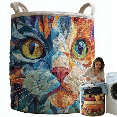 Image of Cat Quilted Laundry Basket - 18 inch /22 inch /28 inch, 2026 Large Quilted Cat Laundry Basket with Handles, Cozy Cat Fabric Storage Hamper for Nursery, Bedroom, Laundry Room, Clothes & Toys (7, S 14 inchX18 inch)