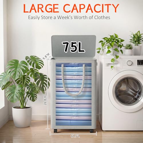 Image of Slim Laundry Hamper with Wheels,20 Gal (75L) Rolling Laundry Basket with lid and wheels Clothes Hamper Foldable Tall Dirty Clothes Basket Sturdy Collapsible Clothes Hamper for Dorm,Laundry Room
