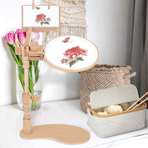 Image of Natural Beech Wood Embroidery Hoop Stand, Adjustable 360 Rotate Cross Stitch Needlepoint Stand Wooden Sitting Embroidery Hoop Frame Holder for DIY Art Craft Sewing Needlework Projects Supplies
