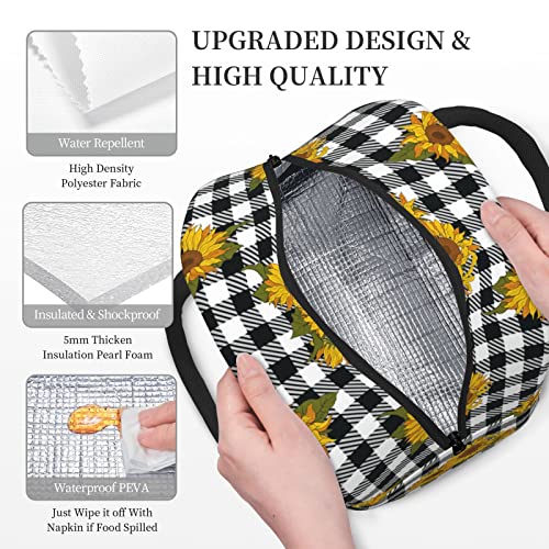 Niuyoif Buffalo Plaid Sunflower Lunch Box Reusable Insulated Waterproof Lunch Bag Cooler Tote Box With Pocket Zipper Closure For Women Men Kids Work/Travel/Picnic/School thumb #3