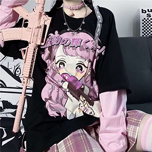 Harajuku Style Cartoon Print Loose Korean Version Fake Two-Piece Long-Sleeved Fashion Gothic Sweater3