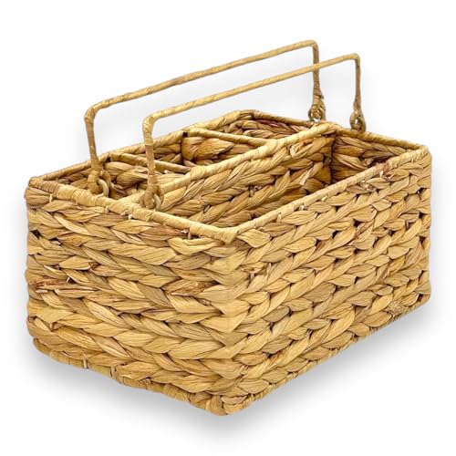 Large Wicker Utensil Caddy Carrier | Water hyacinth Woven Condiment Holder for Table - Kitchen Set Counter Top Organizer - Rustic Small Storage for Dinner Set, Wine