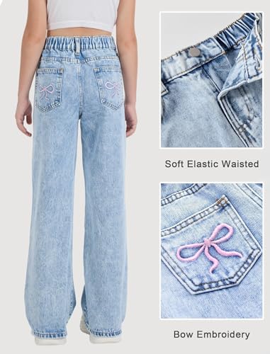 Image of Jeans for Girls Baggy Wide Leg Cute Bow High Elastic Waisted Denim Pants Y2K Boyfriend Skater Streetwear 7-14Y