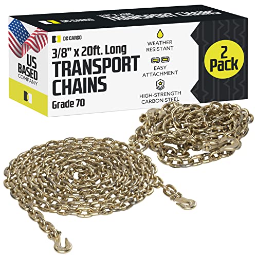 Dc Cargo Tie Down Transport Chains - Heavy Duty Tow Chain With 3/8" Grade 70 Chain, Log Chain Hooks, G70 Load Binder Chain Is 20 Ft Long, 6,600 Lbs Wll (Pack Of 2) #TOP17