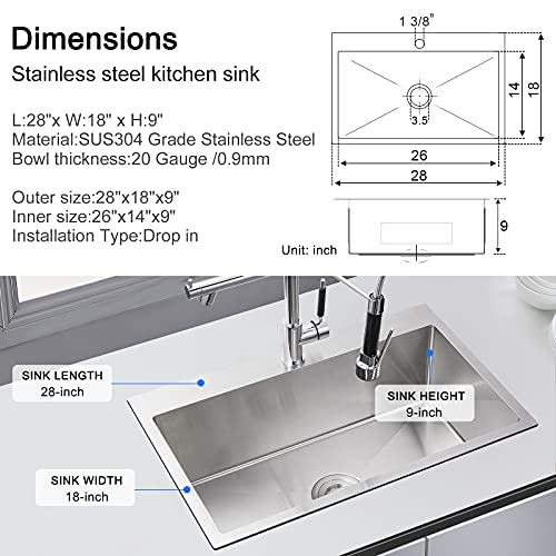 MENATT 28 Inch Drop-in Kitchen Sink, 304 Stainless Steel Topmount Handmade Kitchen Sink, Single Bowl Workstation Sink with Drain Kit (Brushed), 28 MENATT 28 Inch Drop-in Kitchen Sink, 304 Stainless Steel Topmount Handmade Kitchen Sink, Single Bowl Workstation Sink with Drain Kit (Brushed), 28