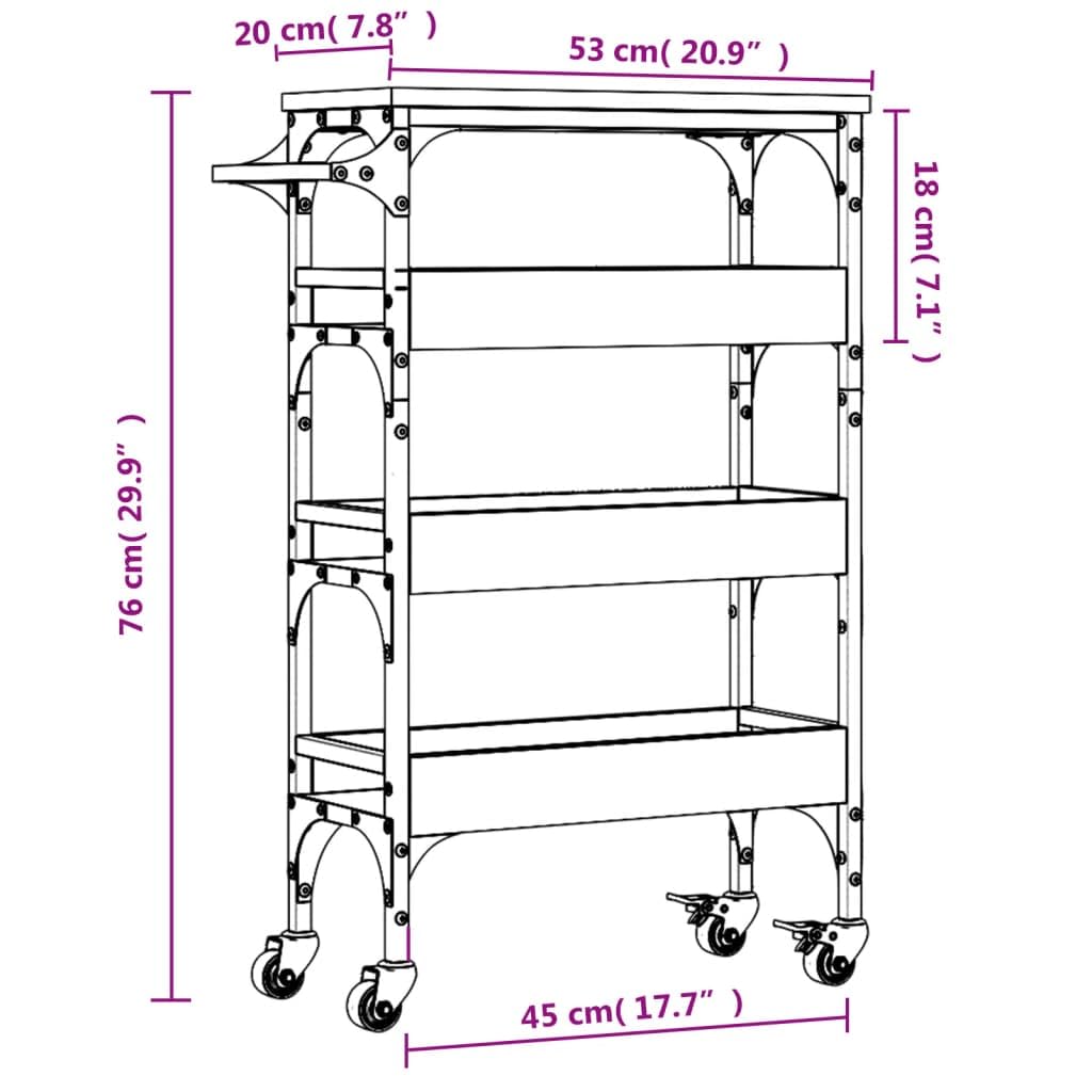 vidaXL Carrito de Cocina, Carro de Almacenamiento de Servicio, Organizador de Comida, Estantes para Baño Salón, Madera de Ingeniería Gris Sonoma