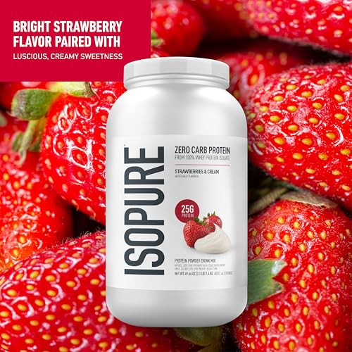 Image of Isopure Zero Carb 100% Whey Protein Isolate Powder - 3 lbs, 1.36 kg (Strawberries & Cream), , 25g Protein per serve, Lactose-Free, Gluten-Free, Vegetarian protein for Men & Women.