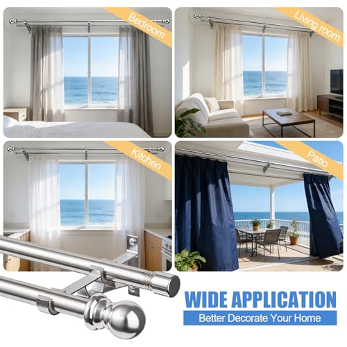 Doppelte Gardinenstangen, 2,5 cm schwere doppelte Fensterstangen, 76–218 cm verstellbare Gardinenstangen für Glasschiebetüren, Terrassen, Schlafzimmer, silber