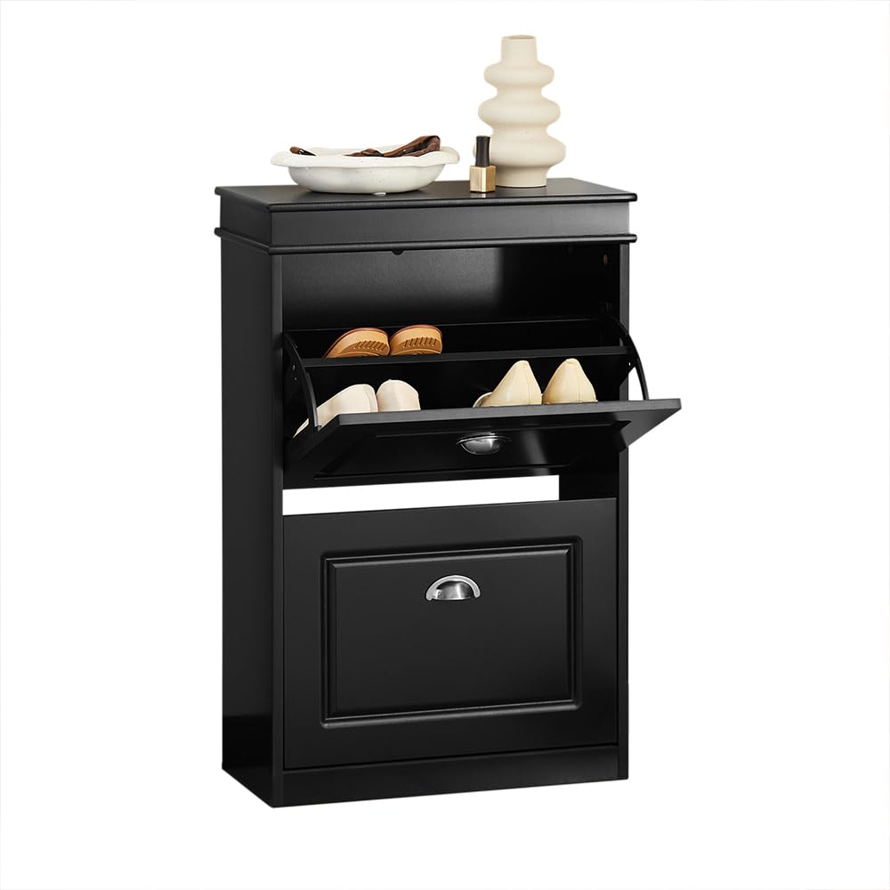 Haotian Small Shoe Cabinet, Black 2 Flip Drawers Freestanding Shoe Rack, Shoe Storage Cupboard Organizer (9.45" D x 20.87" W x 32.28" H), FSR78-SCH