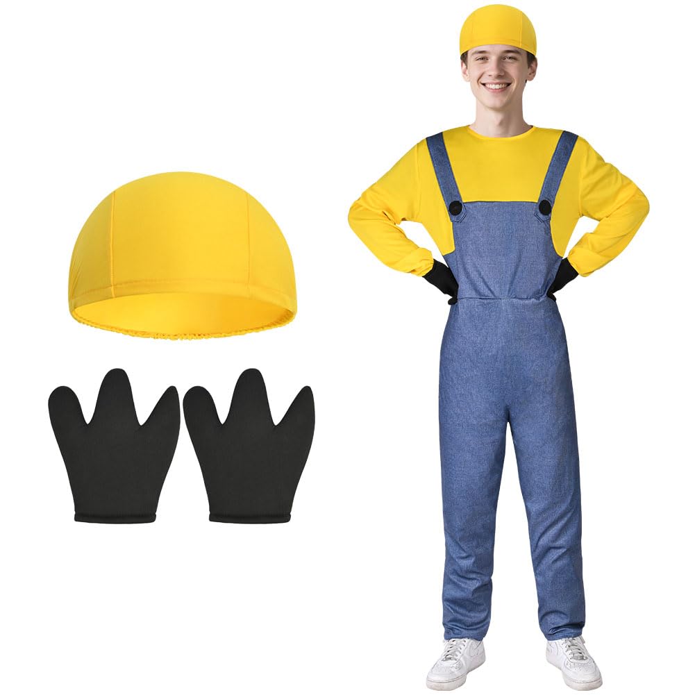 BSBUY Yellow Costume Adults World Book Day Costume 3Pcs Man Yellow Cosplay Costume Set Cosplay Dress Up Outfit Funny Dress Party Supplies Yellow Costume Halloween with Black Gloves Beanie Knit Hat