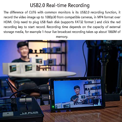Image of FEELWORLD CUT6 Recording Monitor 6 inch with HDR 3D LUT Waveform 1920x1080 Pixels Touch Screen Monitor USB2.0 Recorder FHD IPS 4K HDMI