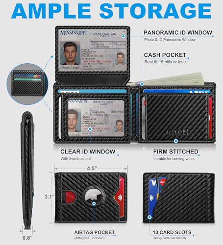 Image of miyozi AirTag Wallet for Men, Slim Leather Bifold with Holder Slot, 2 ID Windows & 13 Card Slots, RFID Blocking Front Pocket Wallet with Gift Box