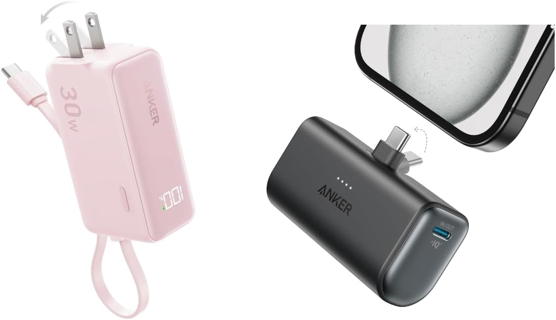 Anker Nano Power Bank with Built-in USB-C Connector Power Bank USB C Charger Block, 3-in-1 5,000mAh Portable Charger