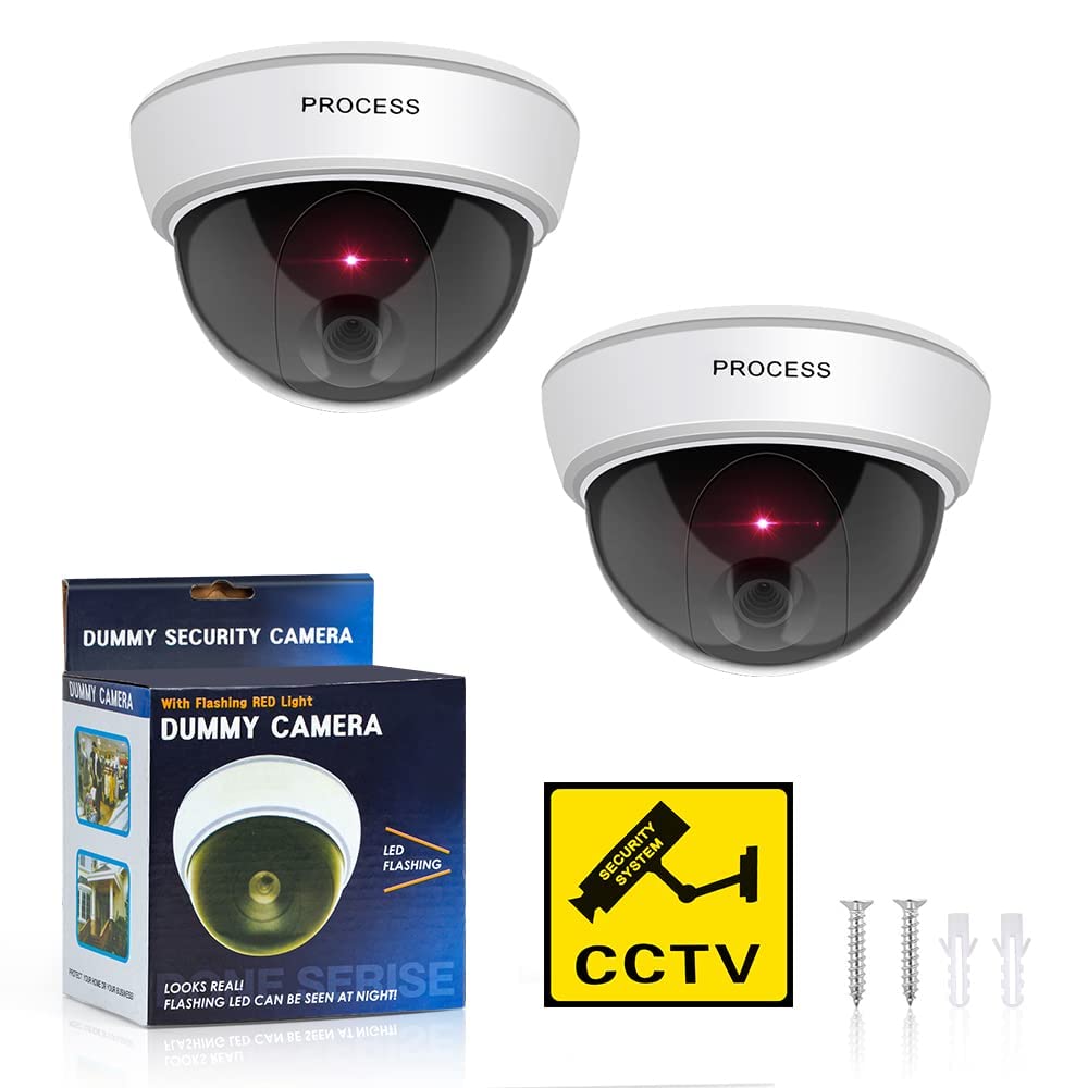 ERWEY Lot de 2 Caméras Factices Extérieur & Intérieur, Fausse Caméra de Surveillance Dôme avec Lumière LED Rouge Clignotante & Autocollants CCTV, pour Mur et Plafond (Blanc)