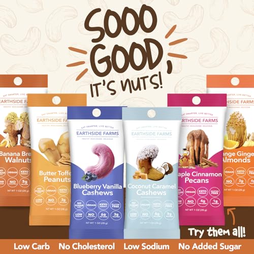 Image of Earthside Farms 12 pcs Variety Pack - 1oz, 2pcs Each of Coconut Caramel Cashews, Butter Toffee Peanuts, Blueberry Vanilla Cashews, Maple Cinnamon Pecans, Orange Ginger Almonds, Banana Bread Walnuts