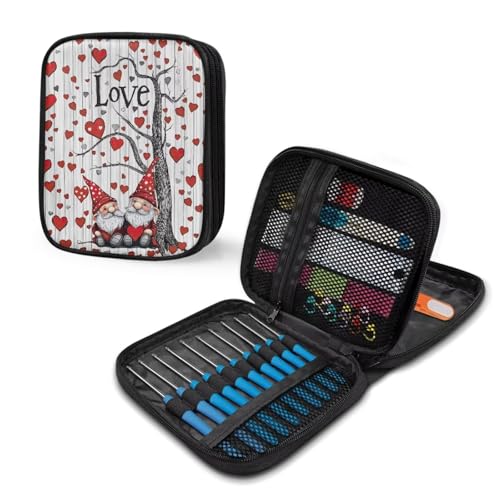 Image of Vanideaoty Love Heart Crochet Hook Case Portable Gnome Crochet Hook Organizer with Web Pockets for Knitting Needles Crochet Supplies Valentine's Day Gifts Holiday