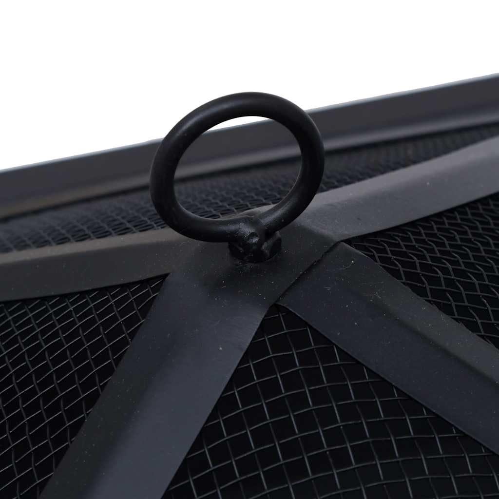 Braciere nero, 42 x 42 x 45 cm, in acciaio verniciato a polvere, con ciotola quadrata, griglia di protezione, attizzatoio in legno e calore, per giardino, terrazza, barbecue