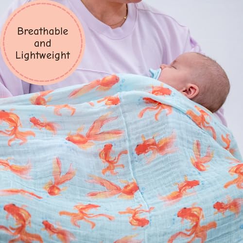 Image of LollyBanks Baby Swaddle Blanket for Boys and Girls, 100% Cotton Muslin Blankets, Soft and Lightweight 47 x 47 Inches Swaddles for Newborns, Gentle Baby Blankets, Infant Essentials (Goldfish Print)
