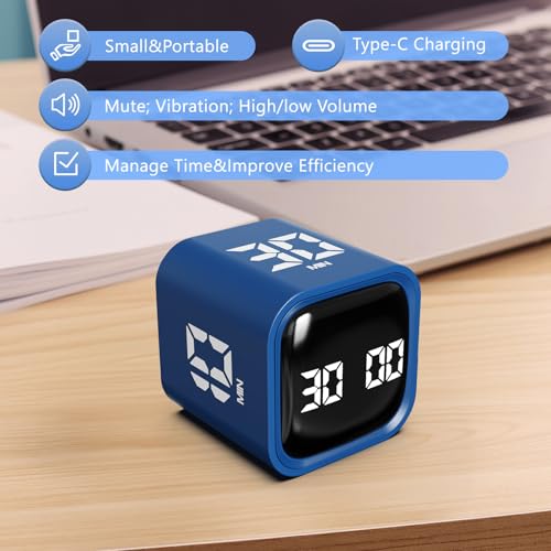 Image of GuDoQi Multi-Function Cube Timer, 5 /10 /30 /60 Min & Custom Count Down, Included Pause & Resume Feature, Silent, Vibrate & Adjustable Sound Alarm for Productivity in Tasks,Study & Kitchen, Classic Blue