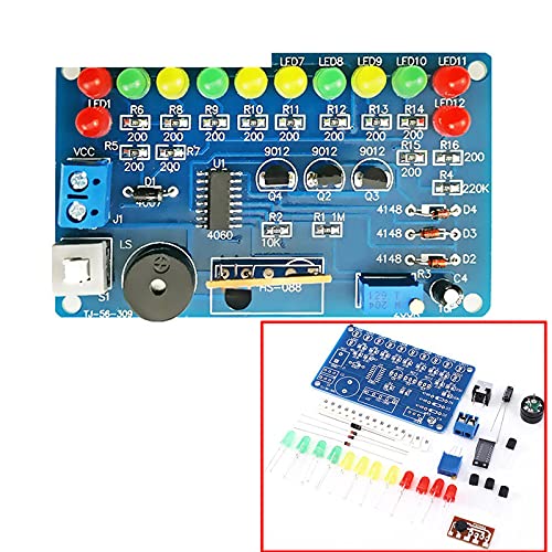 An assembled DC 5V Music Circuit LED Flashing Module Kit, showing all components soldered onto the blue PCB.