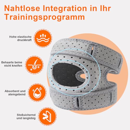 Kniebandage Männer & Damen mit Schweißband-3D-Silikon-Patella Knie Support gegen Arthrose, Knieschmerzen,Meniskus-Verstellbare & Atmungsaktive Knee Brace für Sport (Grau, Erwachsene L)