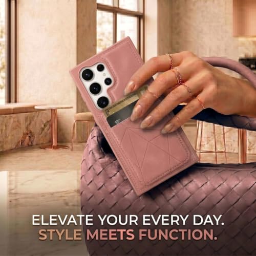 Image of amazon basics Premium Vegan Leather Back Cover with Card Holder and Integrated Mobile Stand for Samsung Galaxy S24 Ultra 5G - Slim Shockproof Wallet Case with Geometric Stitching [Pink]
