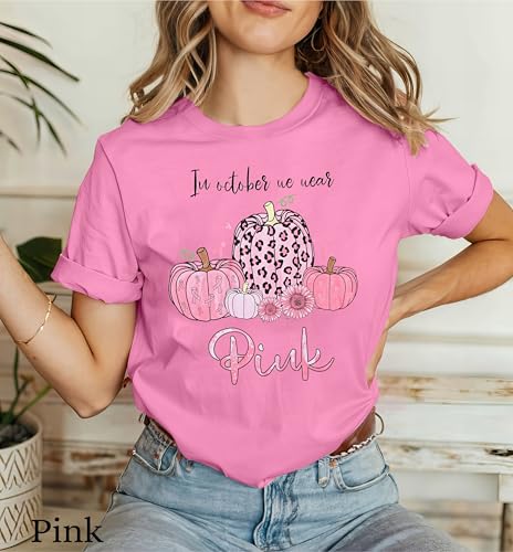 in October We Wear Pink Shirts Women Halloween Pink Graphic Breast Cancer Short Sleeve Fall Tee Top4