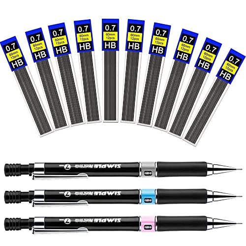 Mechanical Pencil 13 Pcs Set 3 Pcs 0.7mm HB Mechanical Pencils with Eraser 10 Pcs Tubes Pencil Refill Lead Refills 0.7 Automatic Propelling Pencil Set for Sketching Drawing Writing Drafting School