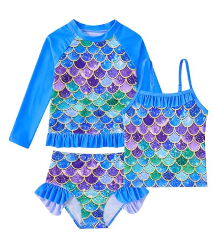 Image of BFUSTYLE Girls Swimsuit 3 Pieces Rash Guard Kids Long Sleeves Bathing Suit 3-8 Years Sun Proction Swimwear Tankini