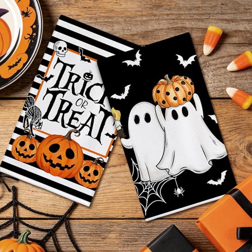 Image of Hexagram Halloween Kitchen Towels, Black Halloween Hand Towels for Bathroom | Ghost Decor, Pumpkin Decor, Stripe Dish Towel, Set of 2, Trick or Treat Decorations, 18x28 Inch, Autumn Gifts