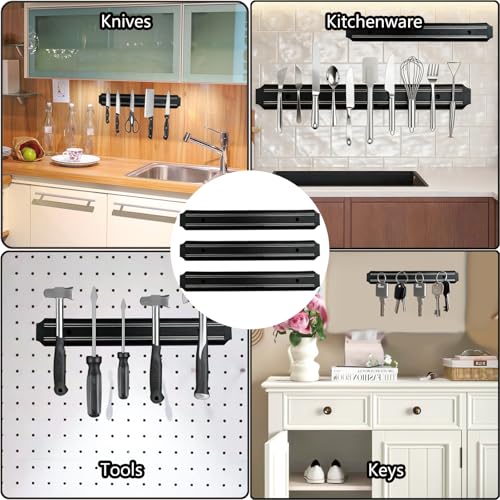 BMZXCH 3 Stück Messermagnete Wand, Magnetischer Universeller Wandmontage Edelstahl Magnet Messerhalter mit Schrauben, Magnet Magnetschiene für Messer magnetleiste Küche Büro Messer Utensilien (Schwar)