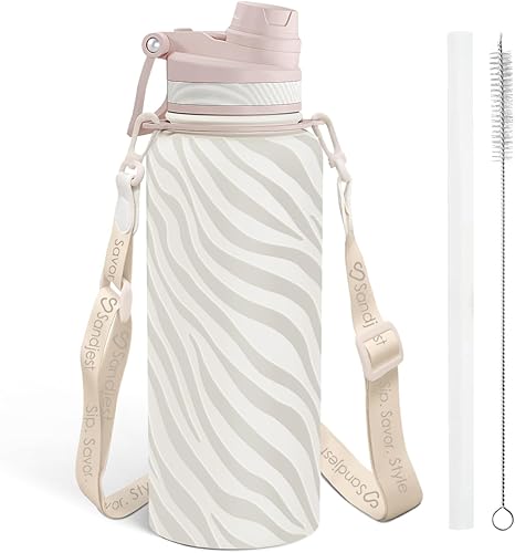 Miniatura 26 de SANDJEST Botella de agua de acero inoxidable con correa de 32 onzas, botellas aisladas con popote y tapa de boquilla para gimnasio, deportes, viajes