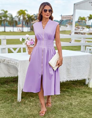 Image of GRACE KARIN Womens Summer Casual Dress, Business Office Work Dresses, Cap Sleeve Zipper Front Flowy Midi Dress with Pockets
