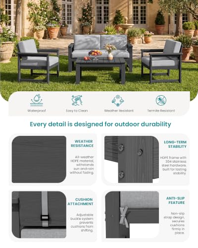 Image of SERWALL 3 Pieces HDPE Outdoor Bistro Sofa Set with Cushions, All Weather Use Adirondack Single Armchair Set of 2 with Side Table, Grey Frame with Grey Cushions