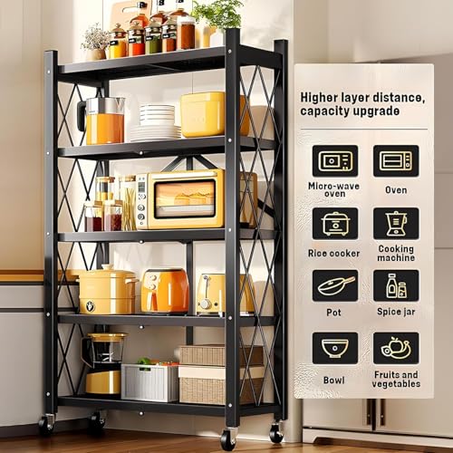FuGuiB Klappregal,Klappbares Regal mit Rollen,Regal Klappbar,71 × 34 × 162 cm 5 Etagen Faltbares Standregal Klappbares Küchenregal,Eignung Lagerregal/die Küche(Schwarz, 5-Schicht)