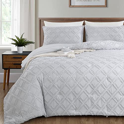 Hombys Oversized King Boho Comforter Set 120X120, Tufted Jacquard Geometry Bedding Comforter For King Bed, Shabby Chic Bed Sets With 2 Matching Pillow Cases,Light Grey #TOP11
