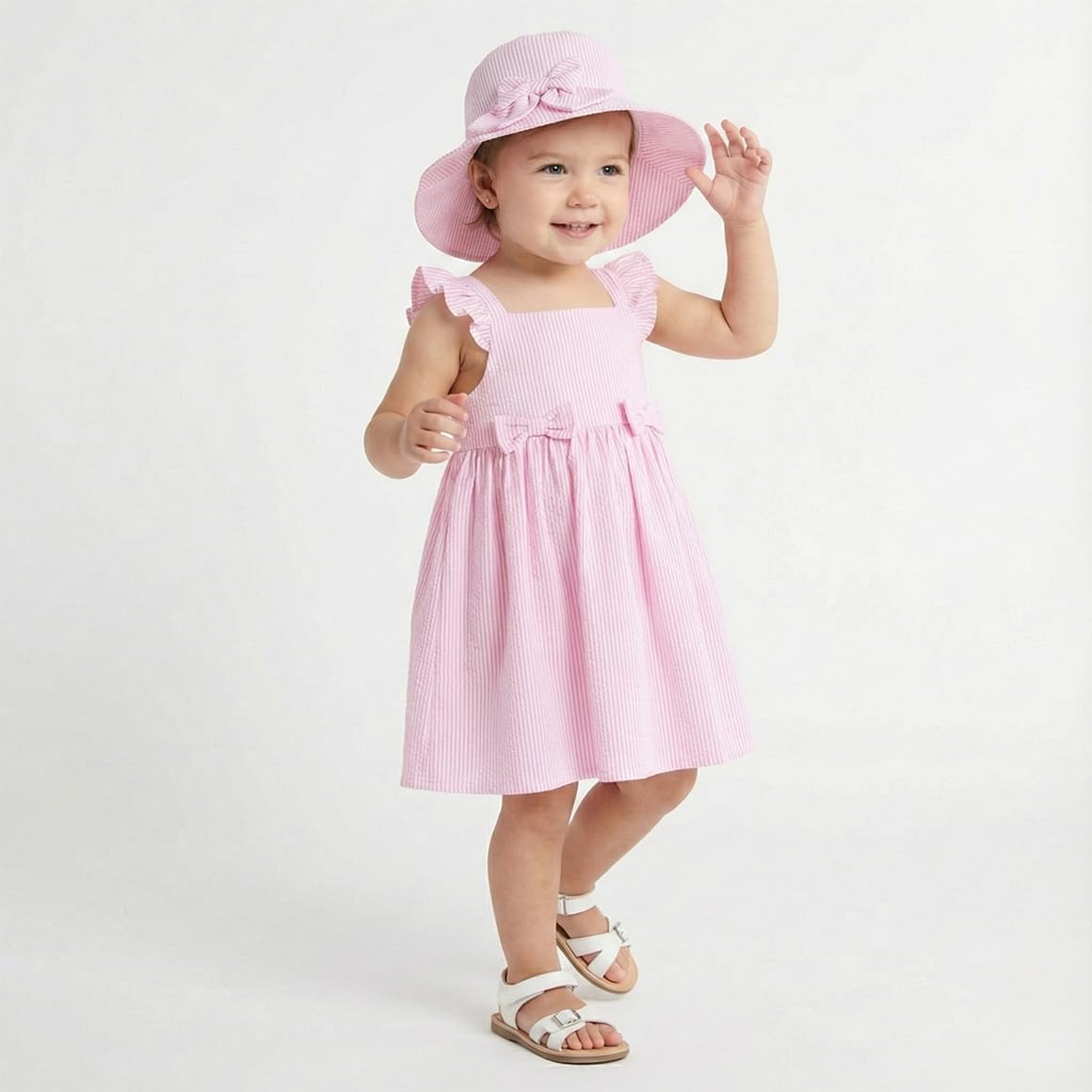 Sperry Baby Girls Seersucker Woven Dress with Panty and Sun Hat 3 Piece Outfit Set for Newborn Infant