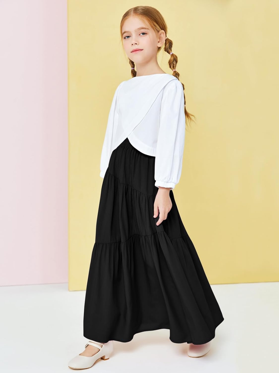 Haloumoning Girls Elastic High Waist Maxi Skirt Boho A-Line Tiered Pleated Long Skirts with Pockets 5-14 Years - Image 4