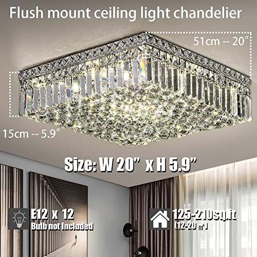 CEENLI 12-Lights Modern Flush Mount Ceiling Light Fixtures,Elegant Crystal Chandelier Pendant Ceiling Lamp for Bedroom,Living Room,Dining Room,Hallway H5.9 x W20 x L20 (Bulbs Not Included) Square by CEENLI - Image 2