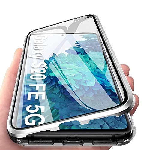 Ellmi Coque pour Samsung Galaxy S20 FE 5G, Coque Magnétique Adsorption et Métal Bumper Etui Antichoc avec Transparente Arrière et Devant Verre Trempé 360 Degrés Case - Argent Cover